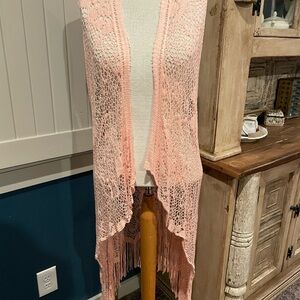 Chic Peach Fringe Open-Front Cardigan